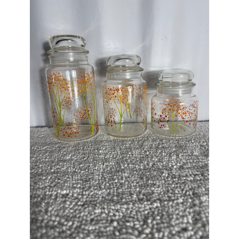 Vintage Libbey Glass Canister Set 3pc Autumn Floral‎ Orange Yellow Flower Jars